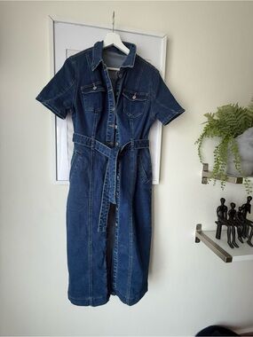Denim Button-Front Midi Dress with Belt - Dark Blue